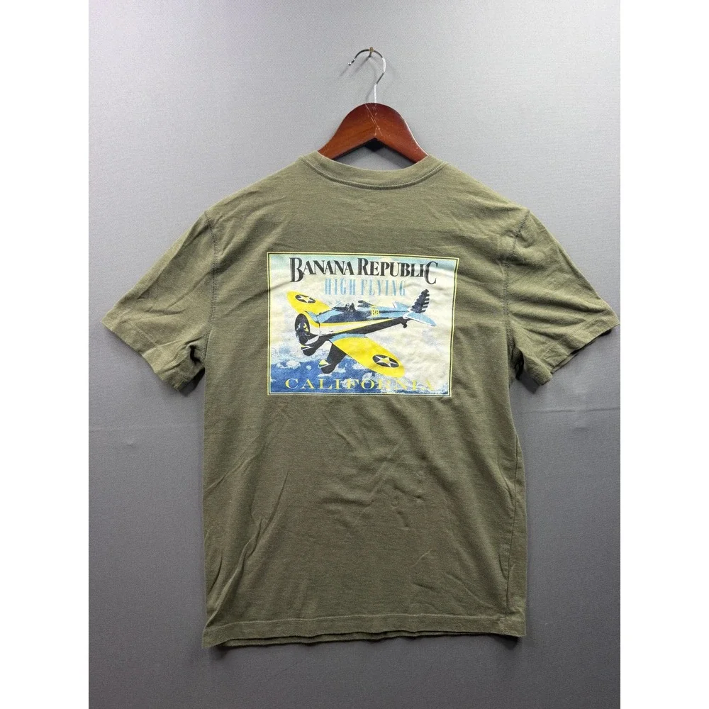 Banana‎ Republic Pocket T-Shirt Mens Green High Flying Airplane Graphic Small
